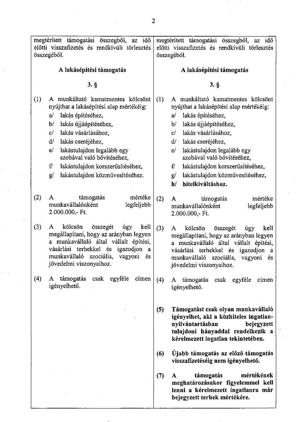 szobával való bővítéséhez, f/ lakástulajdon korszerűsítéséhez, g/ lakástulajdon közművesítéséhez. (2) A támogatás mértéke munkavállalónként legfeljebb 2.000.000,- Ft.