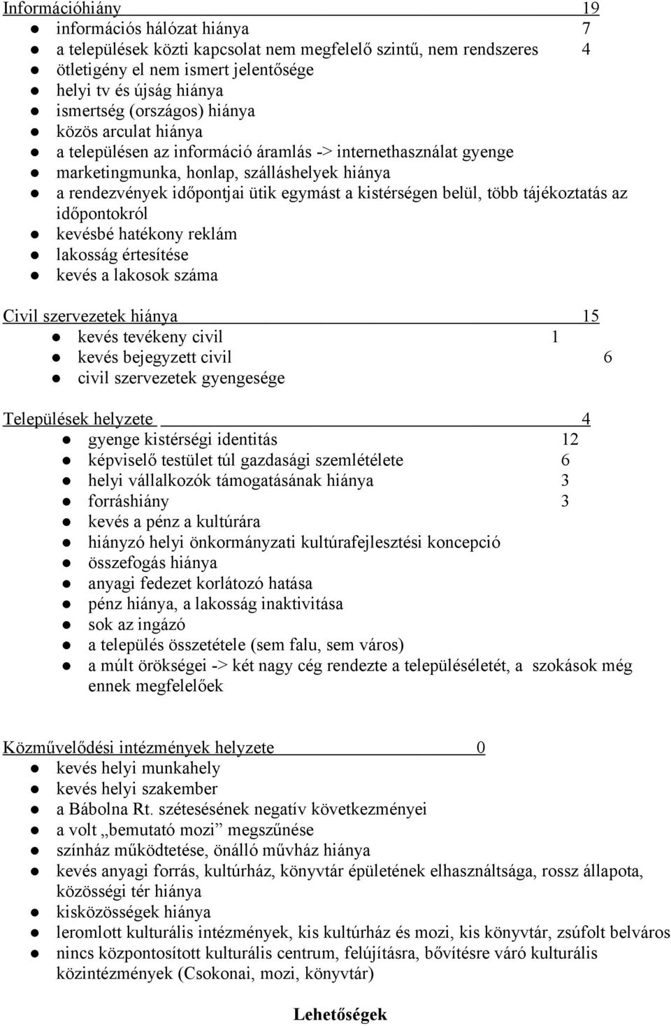 több tájékoztatás az időpontokról kevésbé hatékony reklám lakosság értesítése kevés a lakosok száma Civil szervezetek hiánya 15 kevés tevékeny civil 1 kevés bejegyzett civil 6 civil szervezetek