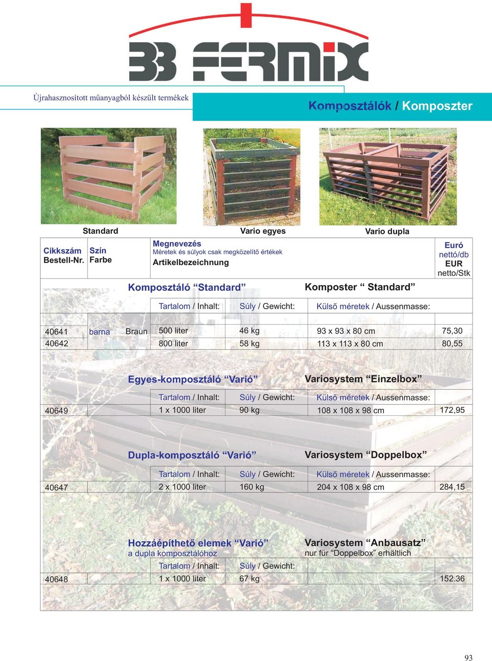 méretek / Aussenmasse: 40641 40642 barna Braun 500 liter 800 liter 46 kg 58 kg 93 x 93 x 80 cm 113 x 113 x 80 cm 75,30 80,55 Egyes-komposztáló Varió Variosystem Einzelbox Tartalom / Inhalt: Súly /