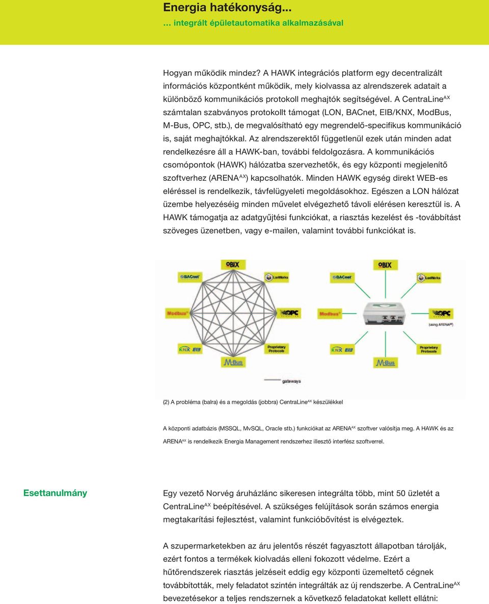 A CentraLine AX számtalan szabványos protokollt támogat (LON, BACnet, EIB/KNX, ModBus, M-Bus, OPC, stb.), de megvalósítható egy megrendelő-specifikus kommunikáció is, saját meghajtókkal.