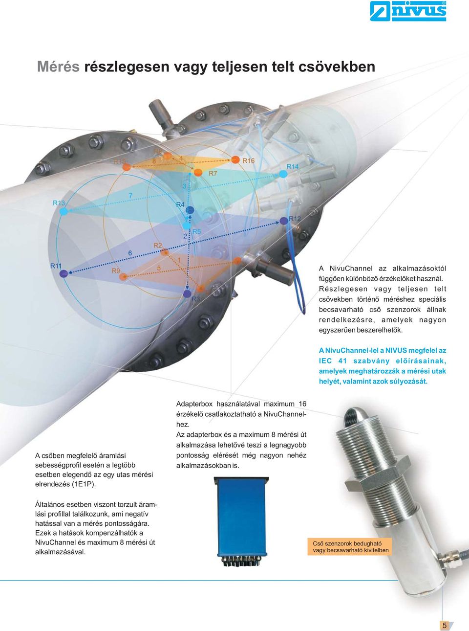 A NivuChannel-lel a NIVUS megfelel az IEC 41 szabvány elõírásainak, amelyek meghatározzák a mérési utak helyét, valamint azok súlyozását.
