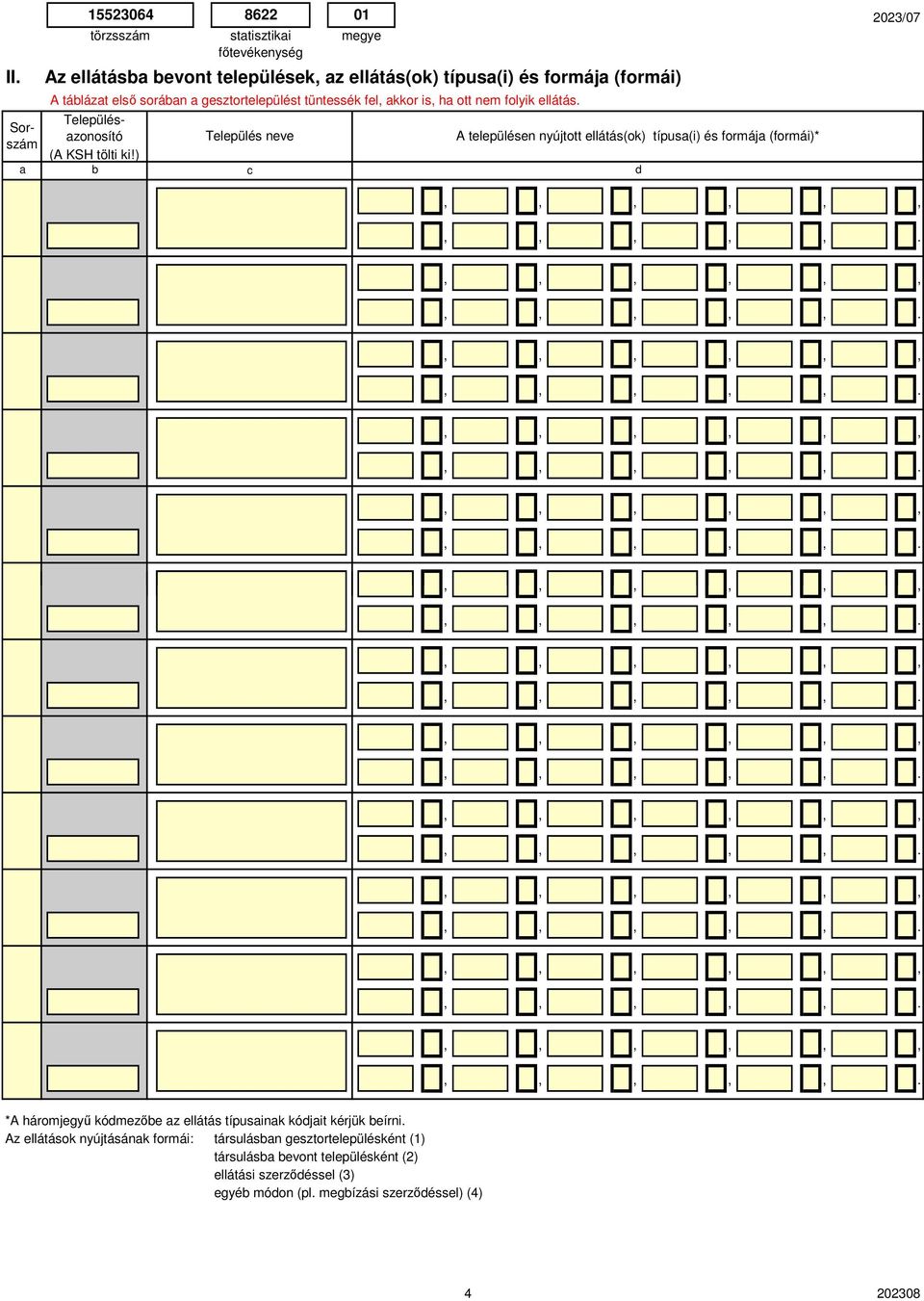 ) b Település eve c 1 A települése yújtott ellátás(ok) típus(i) és formáj (formái)* d 223/7,,,.