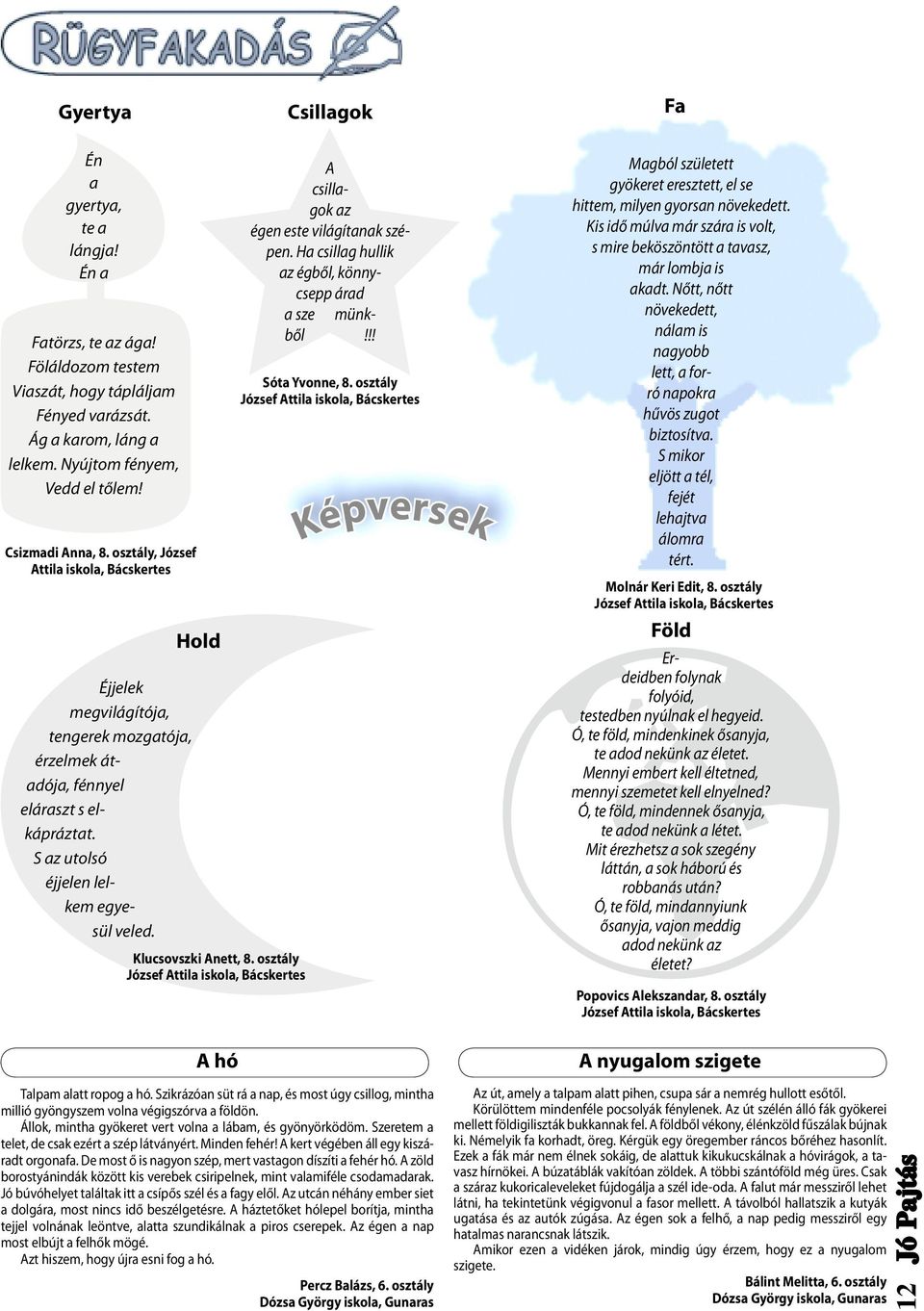 Klucsovszki Anett, 8. osztály József Attila iskola, Bácskertes A csillagok az égen este világítanak szépen. Ha csillag hullik az égből, könnycsepp árad a sze münkből!!! Sóta Yvonne, 8.