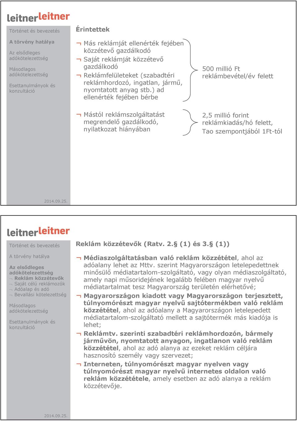 1Ft-tól Reklám közzétevők (Ratv. 2. (1) és 3. (1)) Médiaszolgáltatásban való reklám közzététel, ahol az adóalany lehet az Mttv.