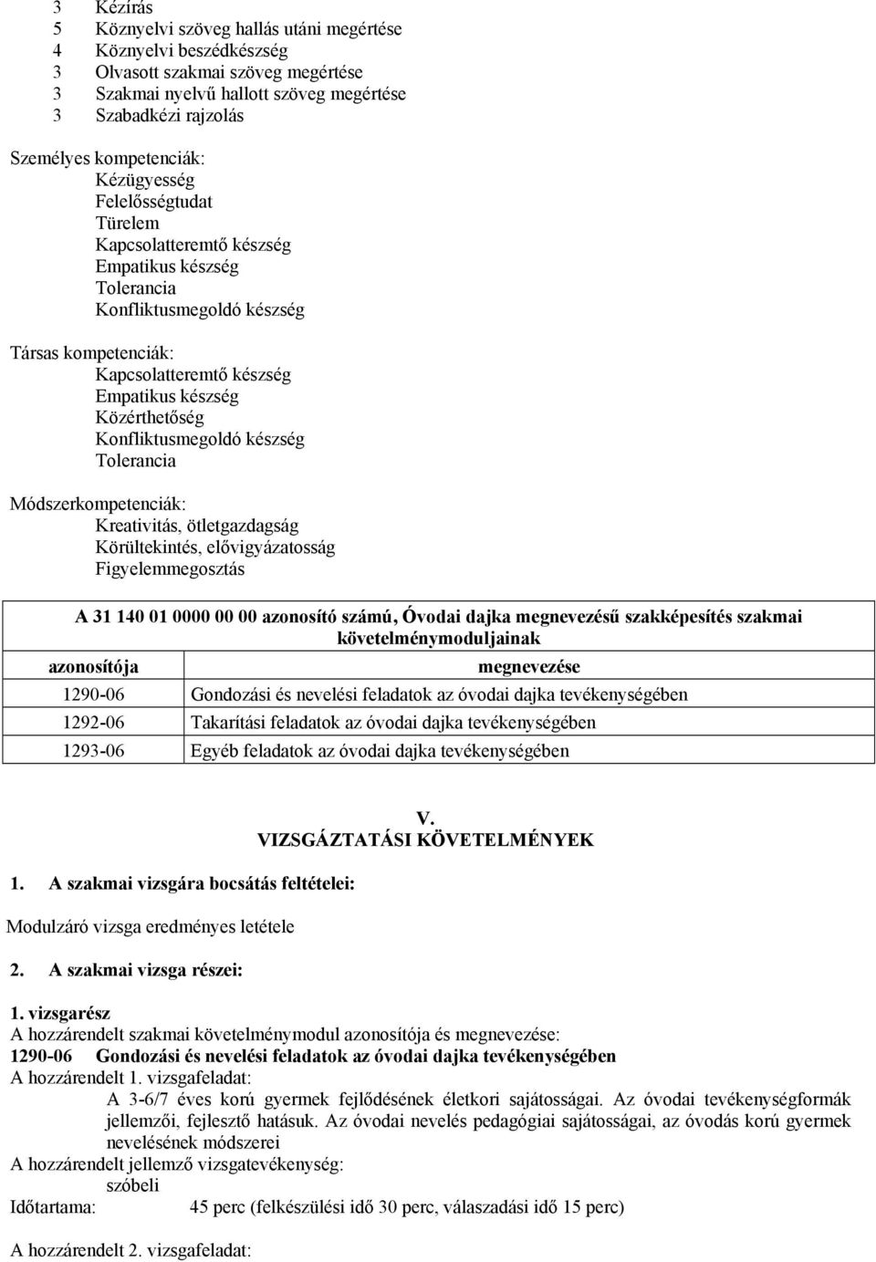 0000 00 00 azonosító számú, Óvodai dajka megnevezésű szakképesítés szakmai követelménymoduljainak azonosítója megnevezése 1290-06 Gondozási és nevelési feladatok az óvodai dajka tevékenységében