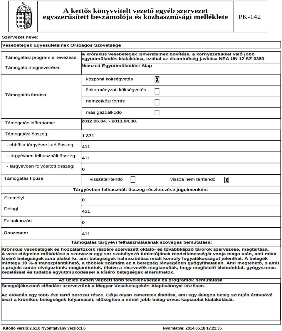 visszatérítendő vissza nem térítendő Tárgyévben felhasznált összeg részletezése jogcímenként Személyi Dologi Felhalmozási Összesen: 0 411 0 411 Támogatás tárgyévi