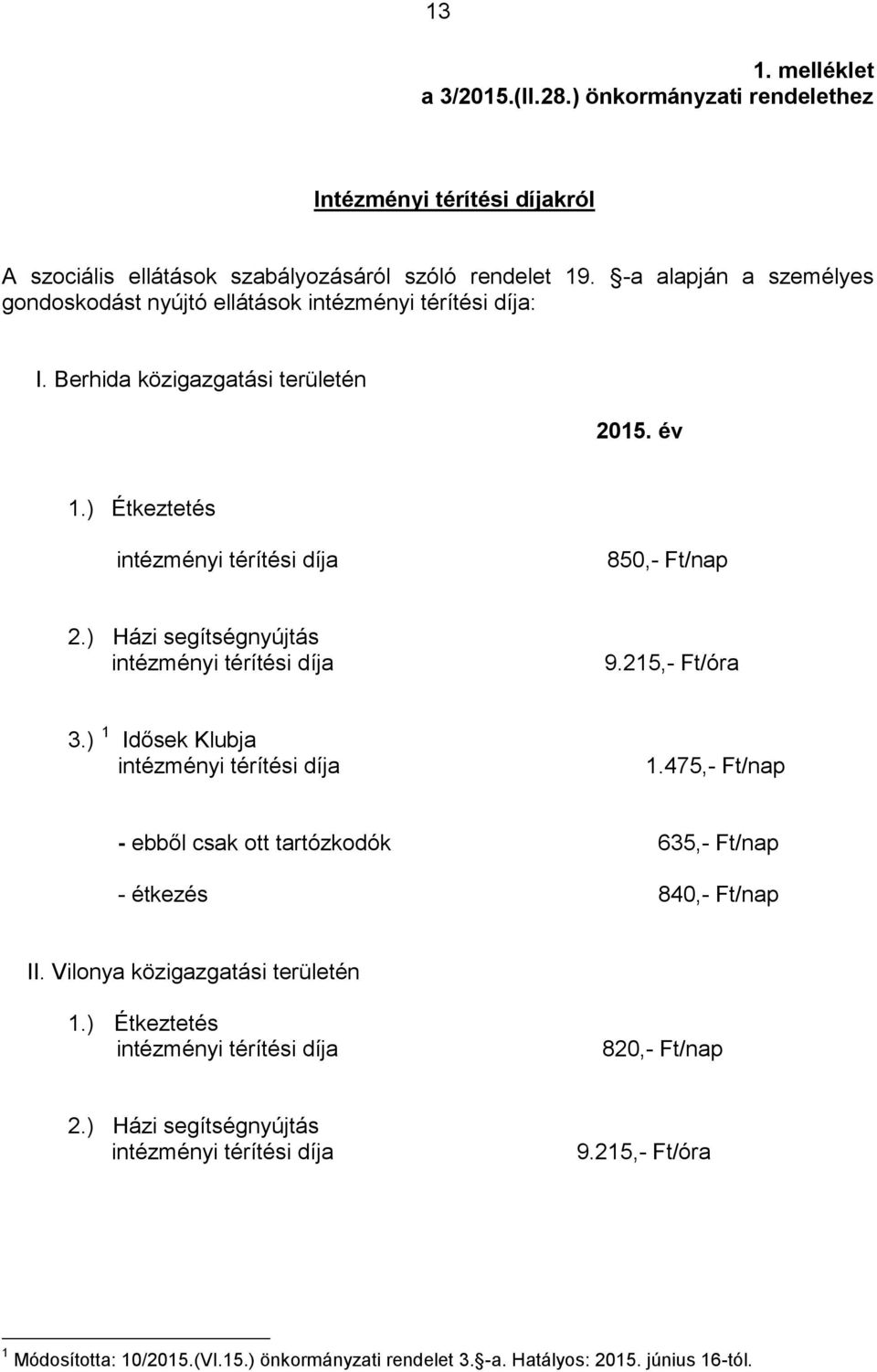 ) Házi segítségnyújtás intézményi térítési díja 9.215,- Ft/óra 3.) 1 Idősek Klubja intézményi térítési díja 1.