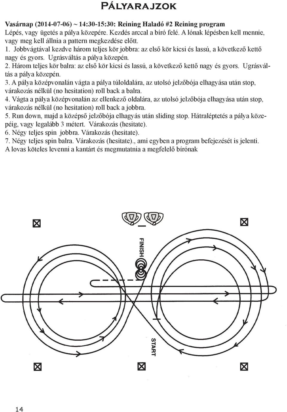 Ugrásváltás a pálya közepén. 2. Három teljes kör balra: az első kör kicsi és lassú, a következő kettő nagy és gyors. Ugrásváltás a pálya közepén. 3.