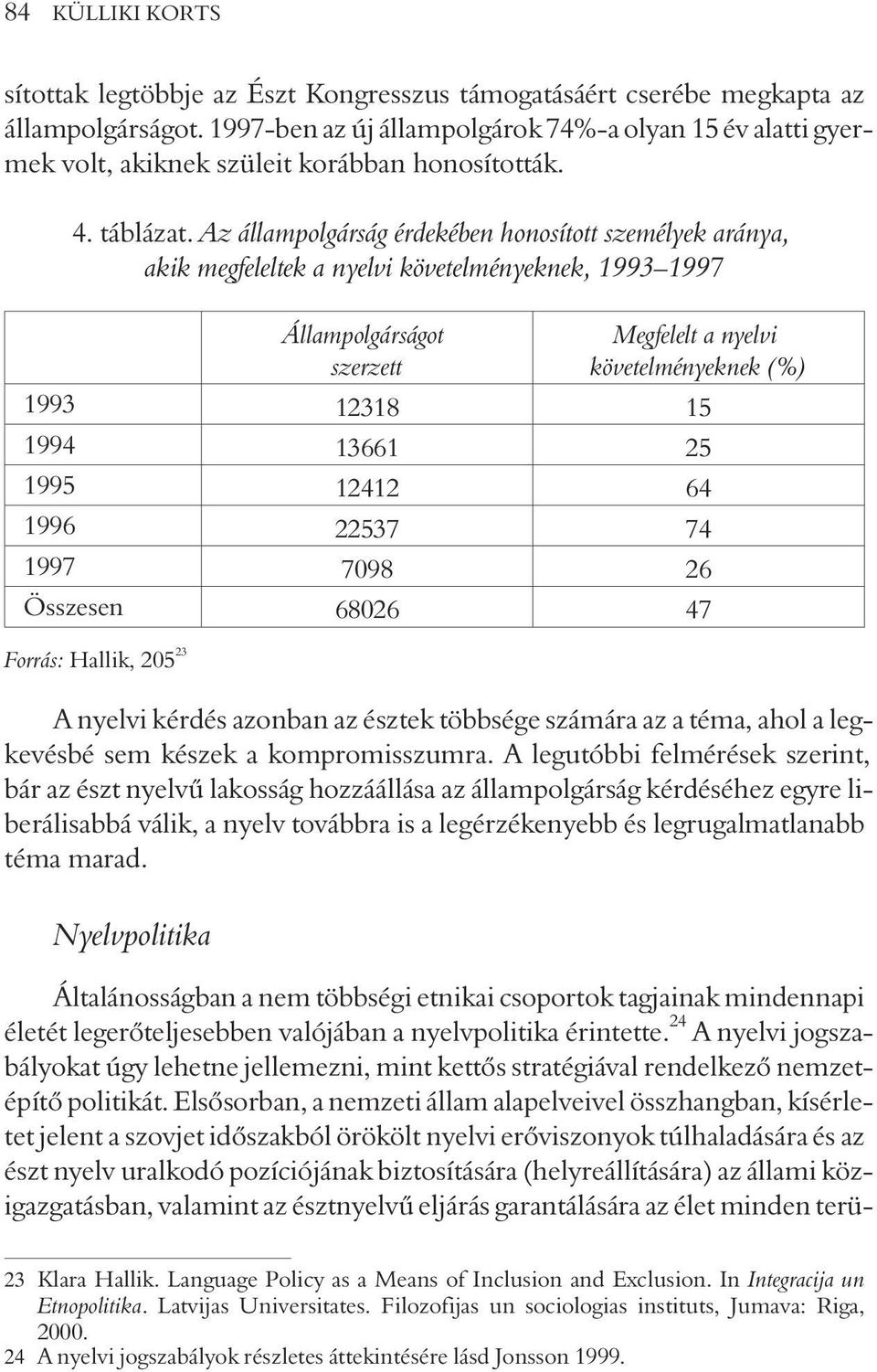 Az állampolgárság érdekében honosított személyek aránya, akik megfeleltek a nyelvi követelményeknek, 1993 1997 Állampolgárságot szerzett Megfelelt a nyelvi követelményeknek (%) 1993 12318 15 1994