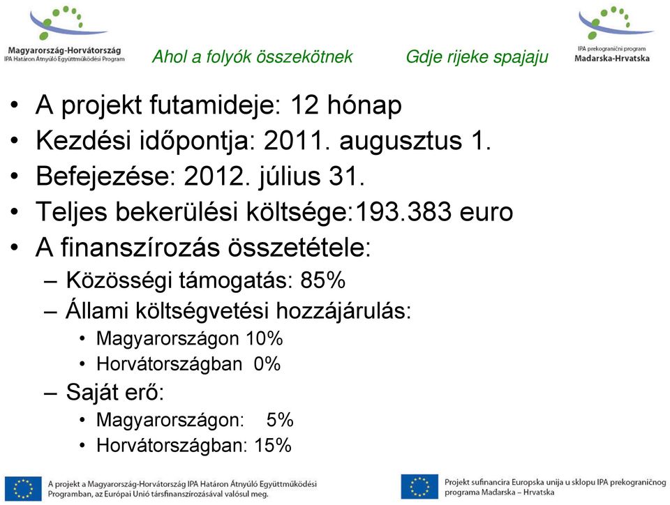 383 euro A finanszírozás összetétele: Közösségi támogatás: 85% Állami