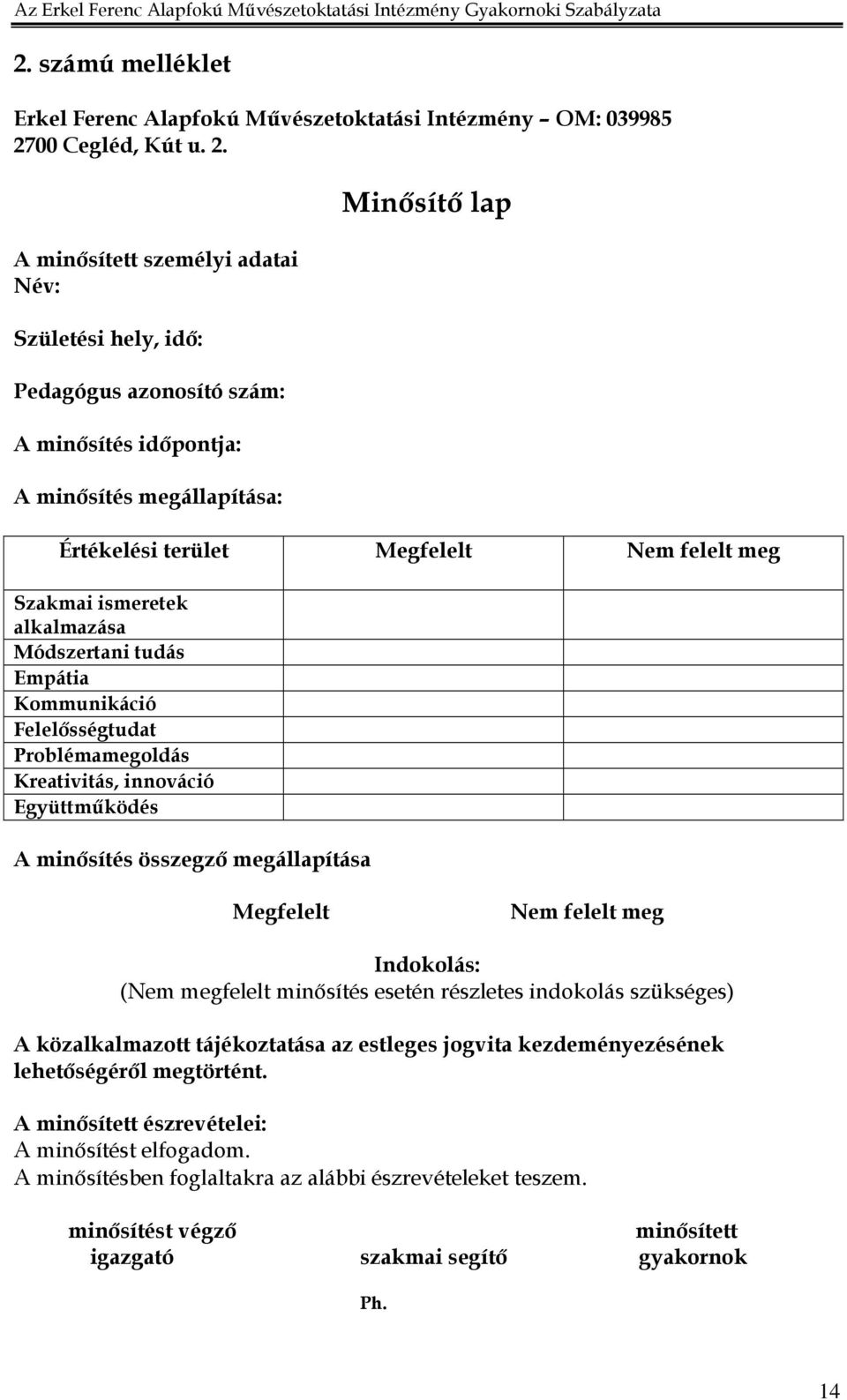 A minısített személyi adatai Név: Születési hely, idı: Pedagógus azonosító szám: A minısítés idıpontja: A minısítés megállapítása: Minısítı lap Értékelési terület Megfelelt Nem felelt meg Szakmai