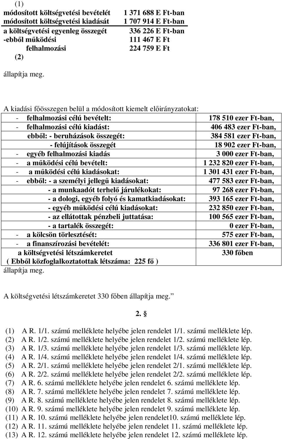 A kiadási főösszegen belül a módosított kiemelt előirányzatokat: - felhalmozási célú bevételt: 178 510 ezer Ft-ban, - felhalmozási célú kiadást: 406 483 ezer Ft-ban, ebből: - beruházások összegét: