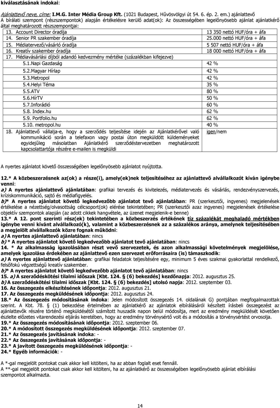 Account Director óradíja 13 350 nettó HUF/óra + áfa 14. Senior PR szakember óradíja 25.000 nettó HUF/óra + áfa 15. Médiatervező/vásárló óradíja 5 507 nettó HUF/óra + áfa 16.