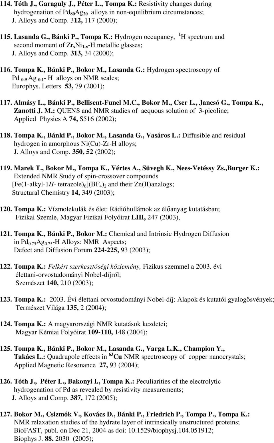 : Hydrogen spectroscopy of Pd 0.9 Ag 0.1 - H alloys on NMR scales; Europhys. Letters 53, 79 (2001); 117. Almásy L., Bánki P., Bellisent-Funel M.C., Bokor M., Cser L., Jancsó G., Tompa K., Zanotti J.