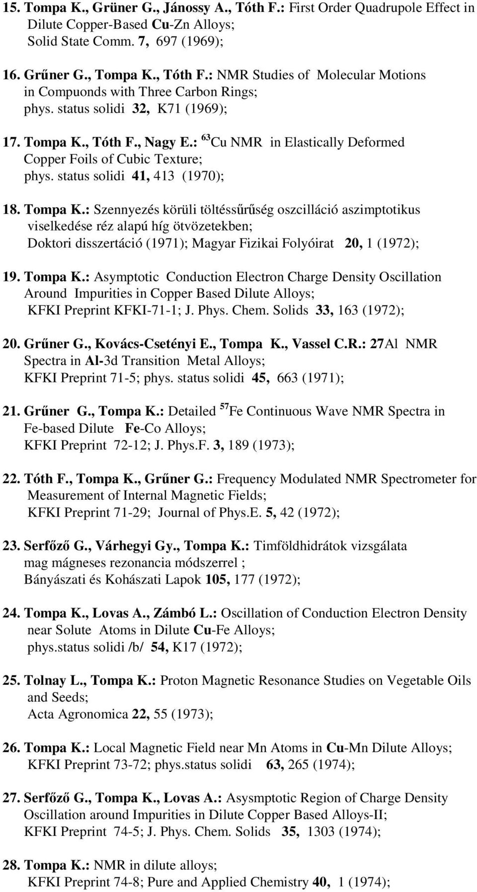 , Tóth F., Nagy E.: 63 Cu NMR in Elastically Deformed Copper Foils of Cubic Texture; phys. status solidi 41, 413 (1970); 18. Tompa K.