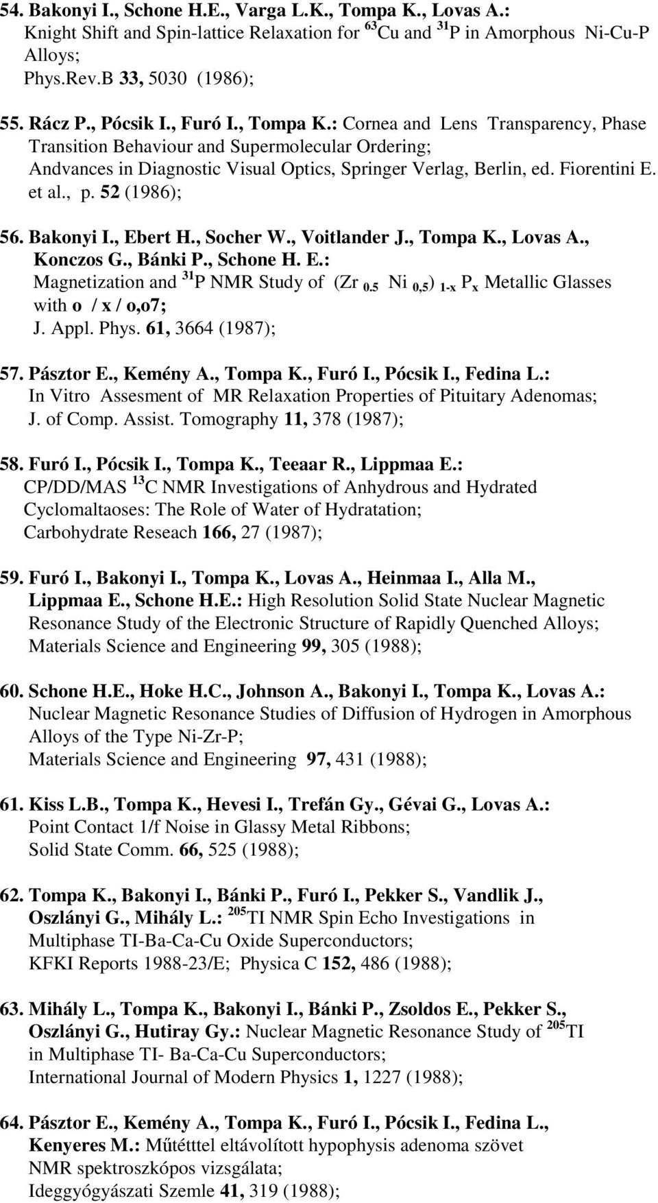 52 (1986); 56. Bakonyi I., Ebert H., Socher W., Voitlander J., Tompa K., Lovas A., Konczos G., Bánki P., Schone H. E.: Magnetization and 31 P NMR Study of (Zr 0.