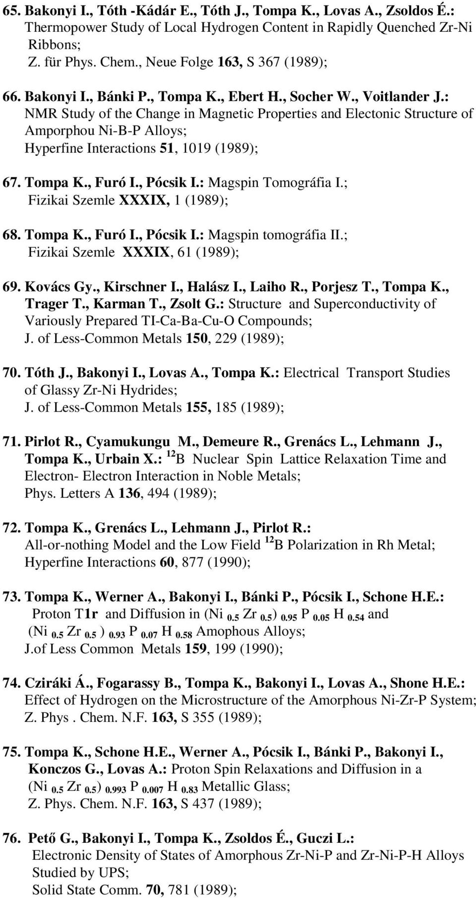 : NMR Study of the Change in Magnetic Properties and Electonic Structure of Amporphou Ni-B-P Alloys; Hyperfine Interactions 51, 1019 (1989); 67. Tompa K., Furó I., Pócsik I.: Magspin Tomográfia I.