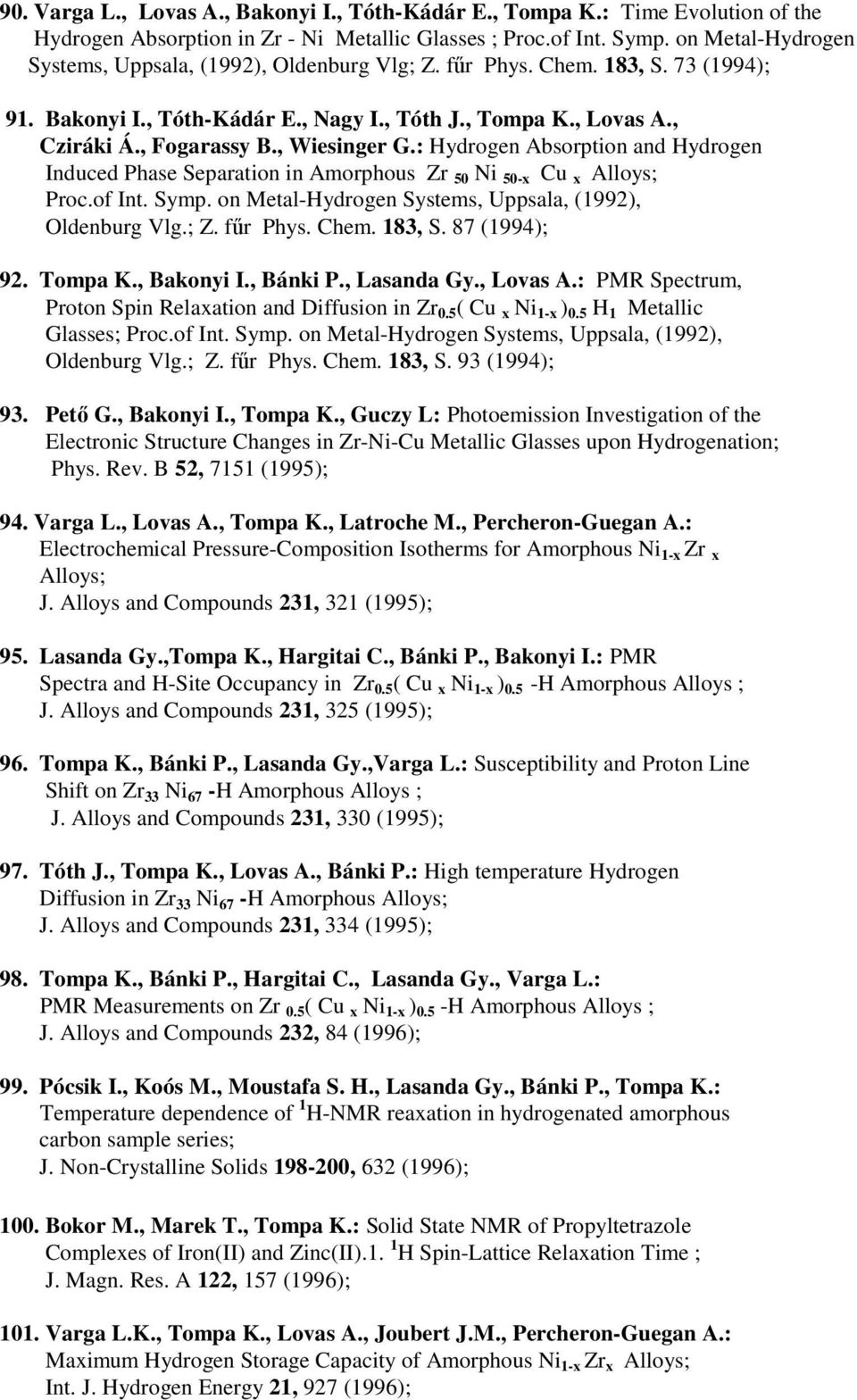 , Wiesinger G.: Hydrogen Absorption and Hydrogen Induced Phase Separation in Amorphous Zr 50 Ni 50-x Cu x Alloys; Proc.of Int. Symp. on Metal-Hydrogen Systems, Uppsala, (1992), Oldenburg Vlg.; Z.