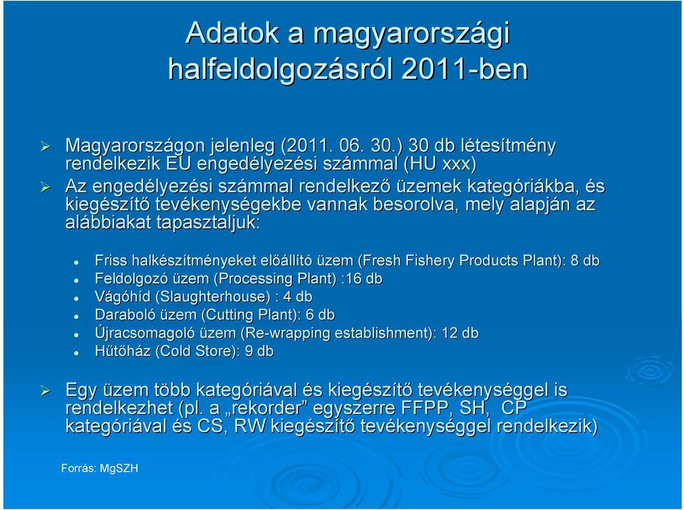 mely alapján n az alábbiakat tapasztaljuk: Friss halkész szítményeket előáll llító üzem (Fresh Fishery Products Plant): 8 db Feldolgozó üzem (Processing Plant) :16 db Vágóhíd d (Slaughterhouse) : 4