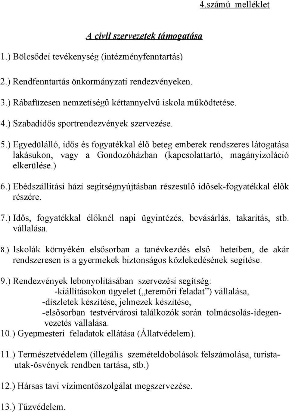 ) Egyedülálló, idős és fogyatékkal élő beteg emberek rendszeres látogatása lakásukon, vagy a Gondozóházban (kapcsolattartó, magányizoláció elkerülése.) 6.