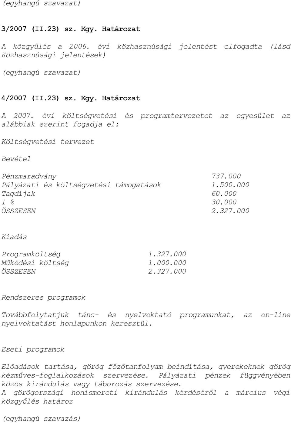 ÖSSZESEN 2.327. Kiadás Programköltség 1.327. Működési költség 1.. ÖSSZESEN 2.327. Rendszeres programok Továbbfolytatjuk tánc- és nyelvoktató programunkat, az on-line nyelvoktatást honlapunkon keresztül.