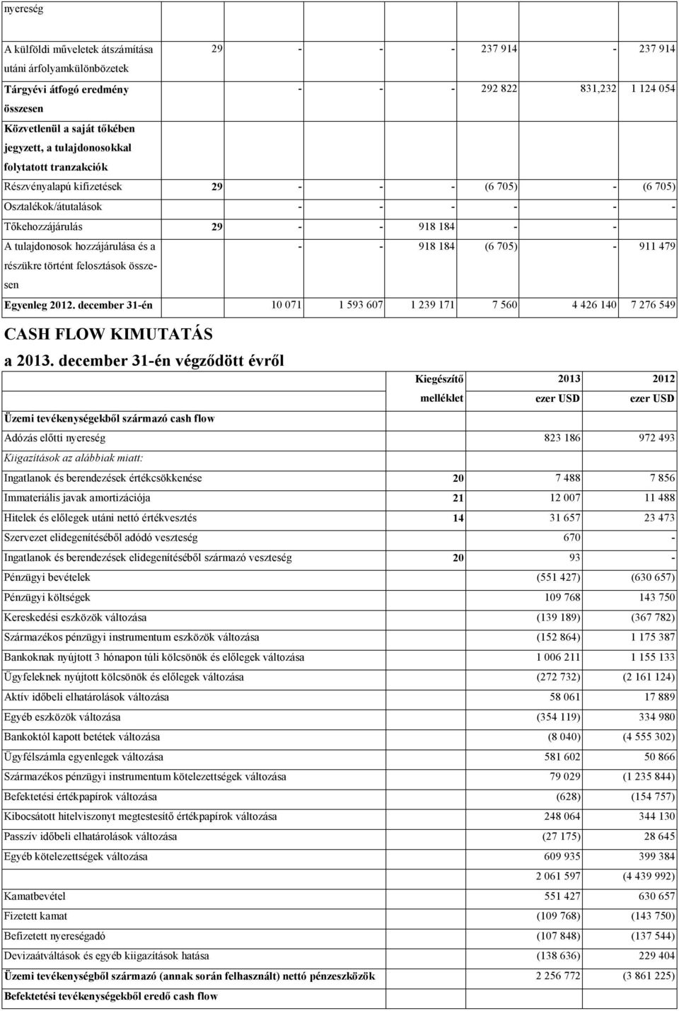 918 184 (6 705) - 911 479 részükre történt felosztások összesen Egyenleg 2012. december 31-én 10 071 1 593 607 1 239 171 7 560 4 426 140 7 276 549 CASH FLOW KIMUTATÁS a 2013.