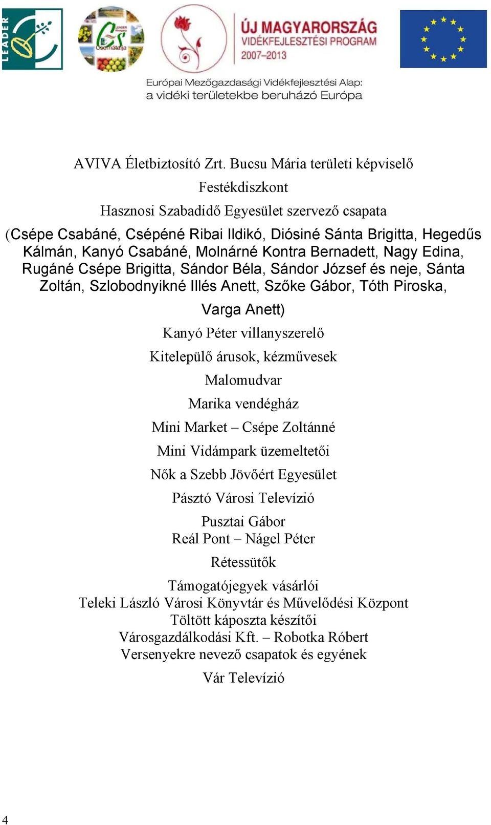 Bernadett, Nagy Edina, Rugáné Csépe Brigitta, Sándor Béla, Sándor József és neje, Sánta Zoltán, Szlobodnyikné Illés Anett, Szőke Gábor, Tóth Piroska, Varga Anett) Kanyó Péter villanyszerelő