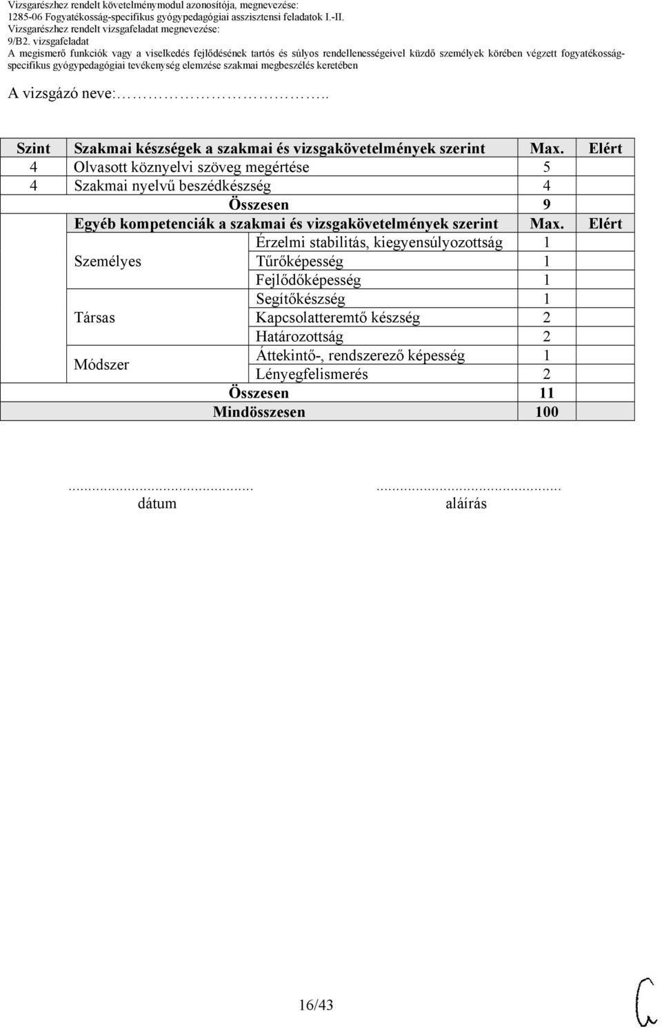 vizsgakövetelmények szerint Max.