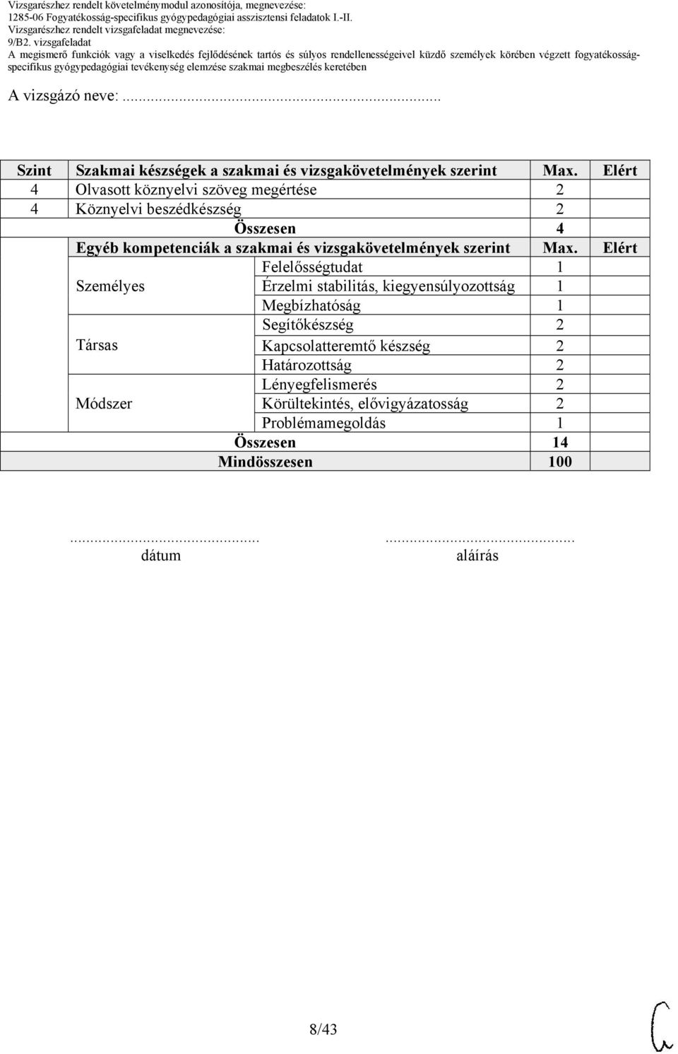 vizsgakövetelmények szerint Max.