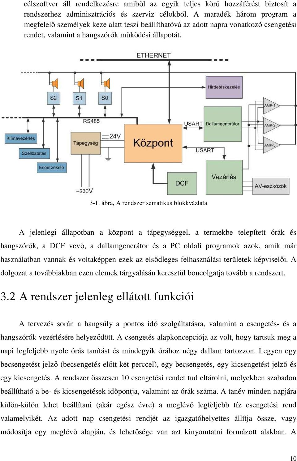 ábra, A rendszer sematikus blokkvázlata A jelenlegi állapotban a központ a tápegységgel, a termekbe telepített órák és hangszórók, a DCF vevı, a dallamgenerátor és a PC oldali programok azok, amik