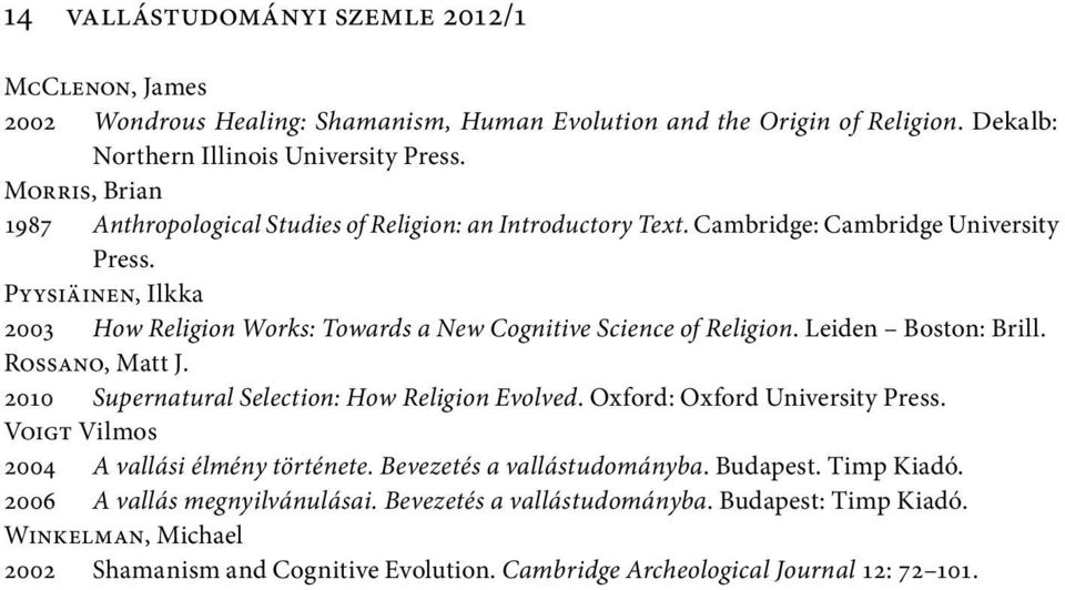 Pyysiäinen, Ilkka 2003 How Religion Works: Towards a New Cognitive Science of Religion. Leiden Boston: Brill. Rossano, Matt J. 2010 Supernatural Selection: How Religion Evolved.
