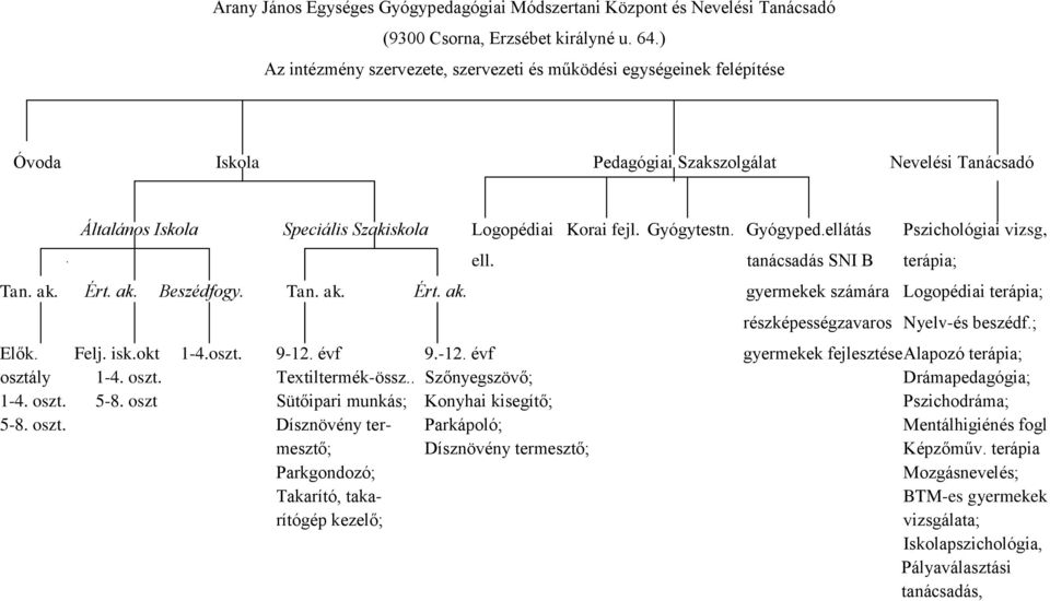 Gyógytestn. Gyógyped.ellátás Pszichológiai vizsg, ell. tanácsadás SNI B terápia; Tan. ak. Ért. ak. Beszédfogy. Tan. ak. Ért. ak. gyermekek számára Logopédiai terápia; részképességzavaros Nyelv-és beszédf.