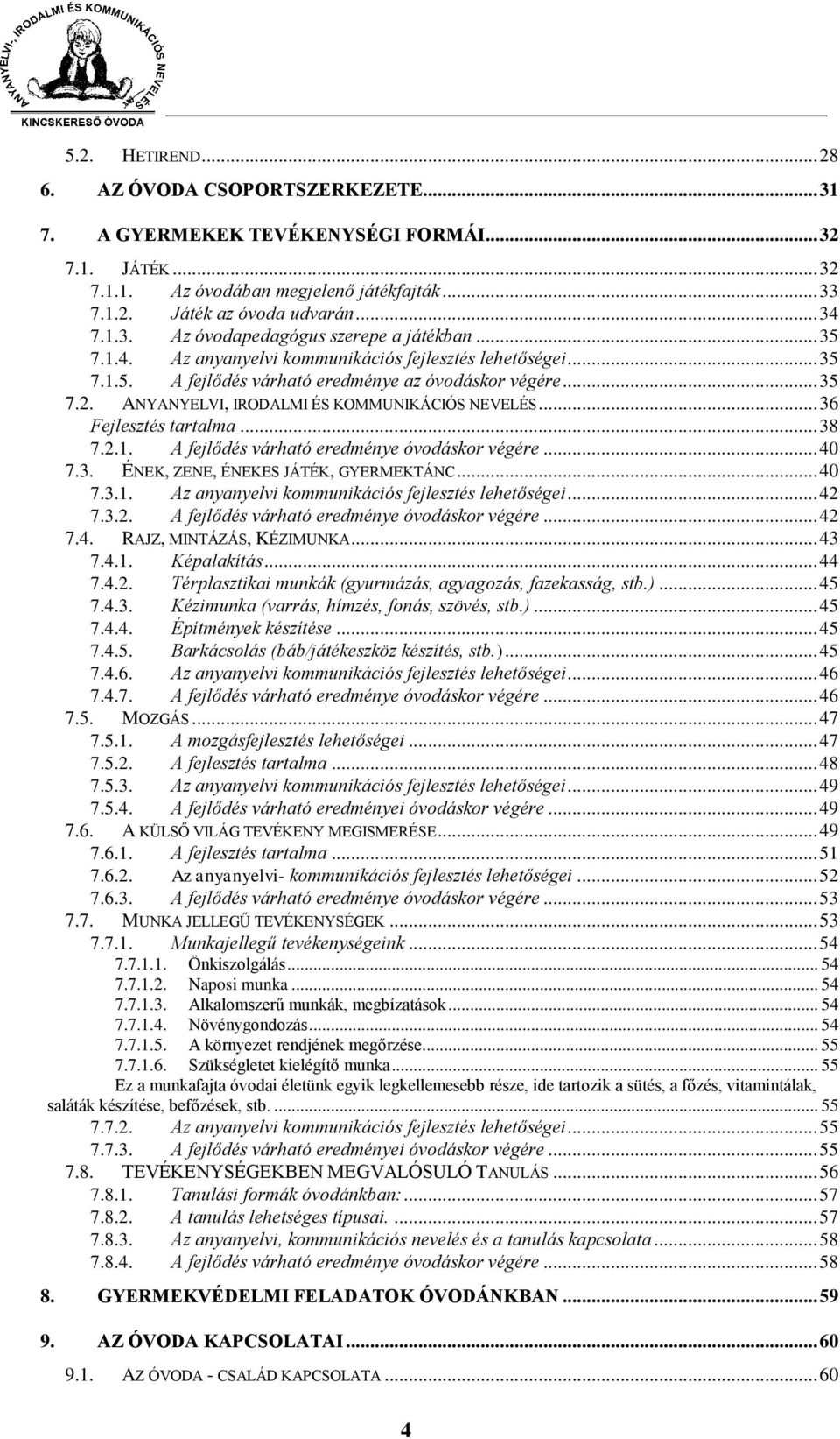 ANYANYELVI, IRODALMI ÉS KOMMUNIKÁCIÓS NEVELÉS... 36 Fejlesztés tartalma... 38 7.2.1. A fejlődés várható eredménye óvodáskor végére... 40 7.3. ÉNEK, ZENE, ÉNEKES JÁTÉK, GYERMEKTÁNC... 40 7.3.1. Az anyanyelvi kommunikációs fejlesztés lehetőségei.