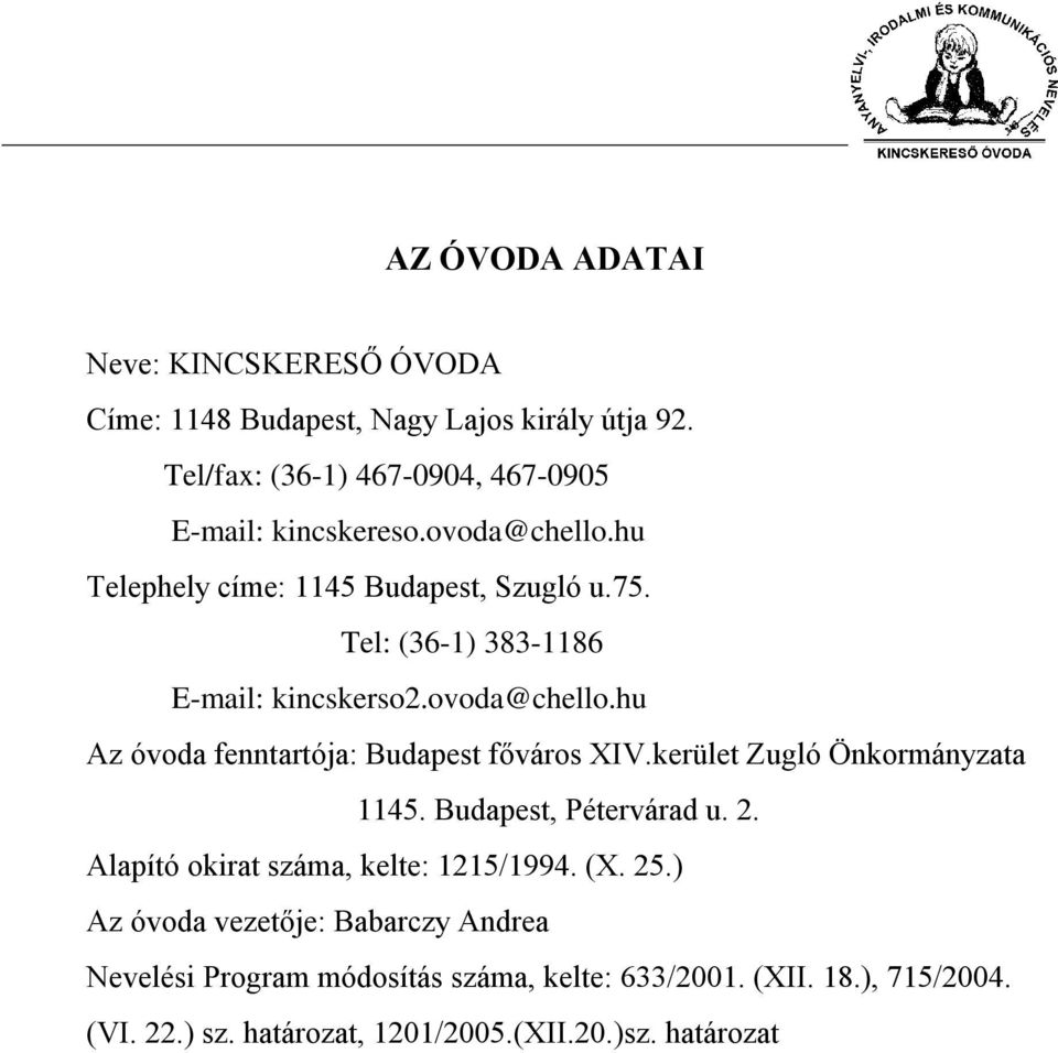 kerület Zugló Önkormányzata 1145. Budapest, Pétervárad u. 2. Alapító okirat száma, kelte: 1215/1994. (X. 25.