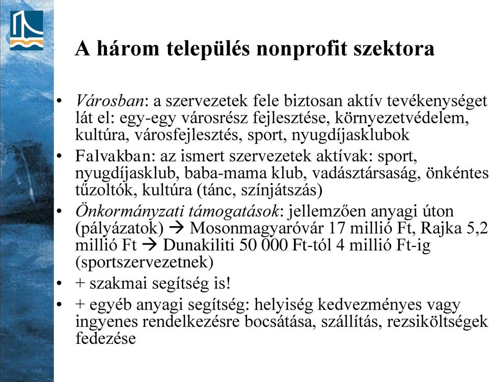 (tánc, színjátszás) Önkormányzati támogatások: jellemzően anyagi úton (pályázatok) Mosonmagyaróvár 17 millió Ft, Rajka 5,2 millió Ft Dunakiliti 50 000 Ft-tól 4