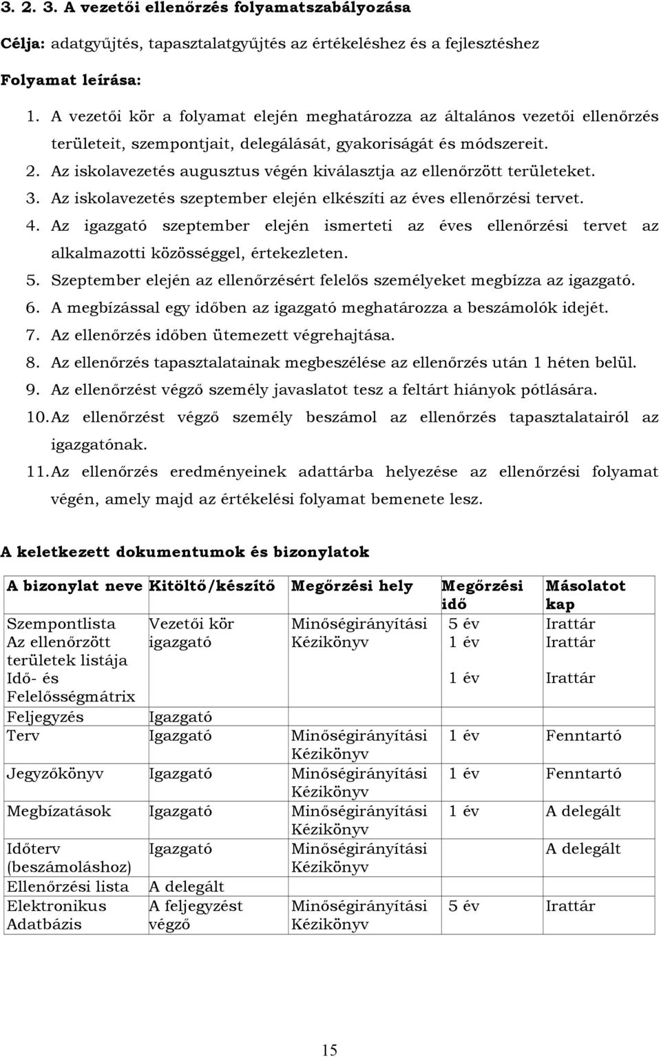 Az iskolavezetés augusztus végén kiválasztja az ellenőrzött területeket. 3. Az iskolavezetés szeptember elején elkészíti az éves ellenőrzési tervet. 4.