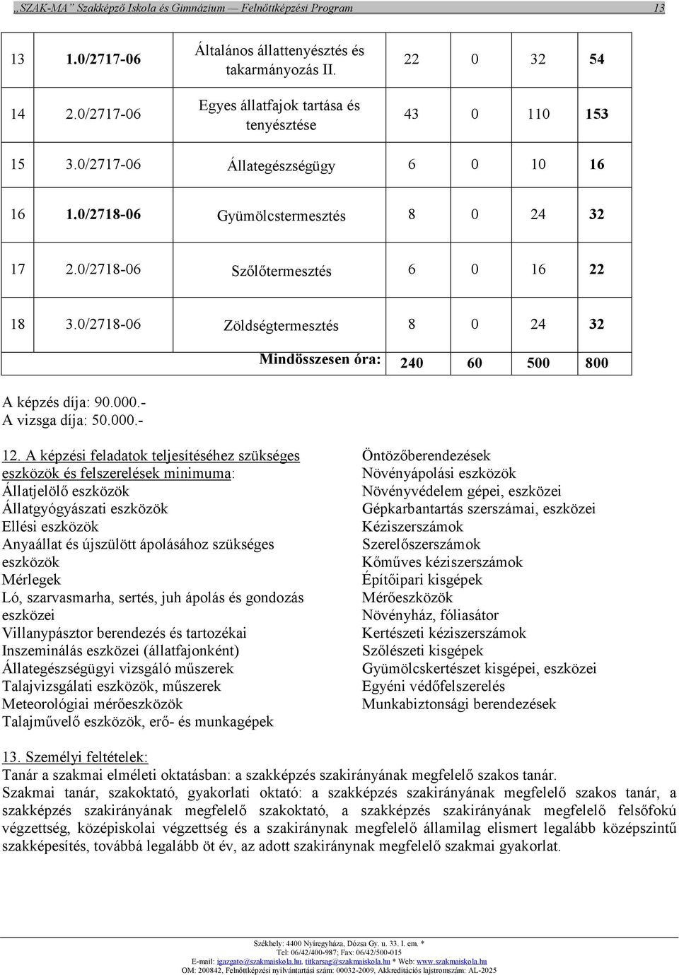 0/2718-06 Zöldségtermesztés 8 0 24 32 Mindösszesen óra: 240 60 500 800 A képzés díja: 90.000.- A vizsga díja: 50.000.- 12.