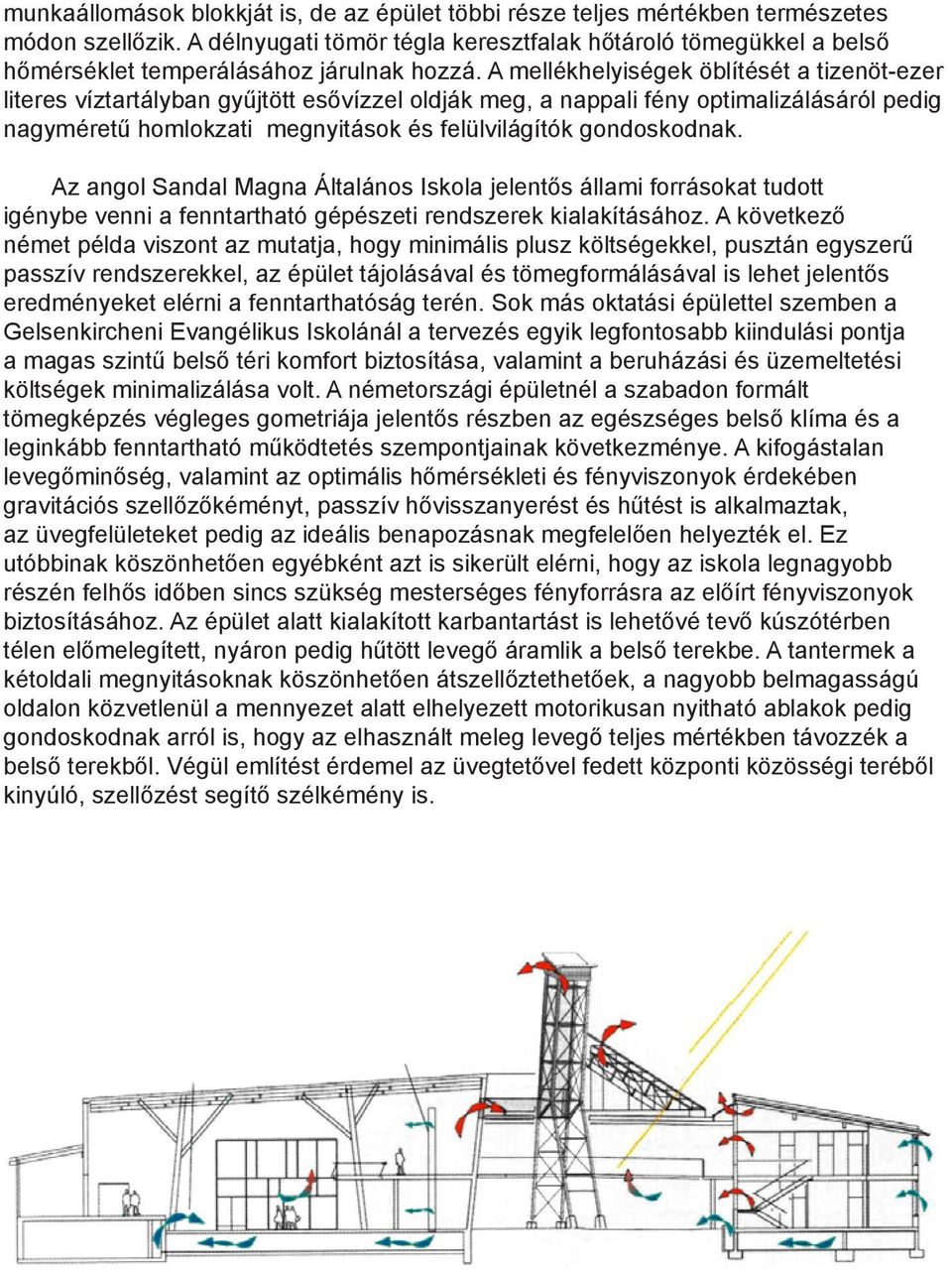 A mellékhelyiségek öblítését a tizenöt-ezer literes víztartályban gyűjtött esővízzel oldják meg, a nappali fény optimalizálásáról pedig nagyméretű homlokzati megnyitások és felülvilágítók