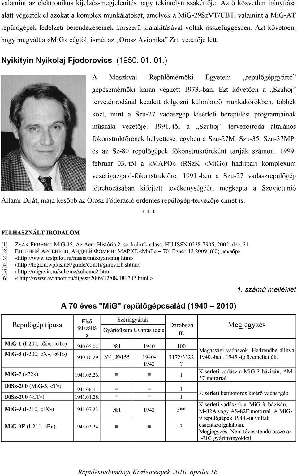 összefüggésben. Azt követően, hogy megvált a «MiG» cégtől, ismét az Orosz Avionika Zrt. vezetője lett. Nyikityin Nyikolaj Fjodorovics (1950. 01.