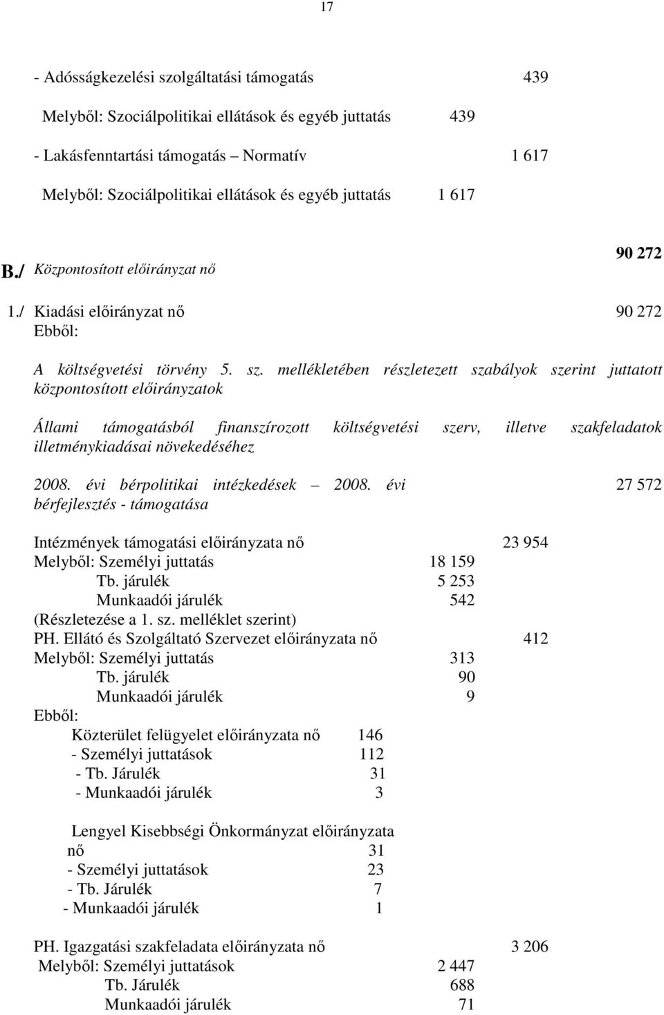 mellékletében részletezett szabályok szerint juttatott központosított elıirányzatok Állami támogatásból finanszírozott költségvetési szerv, illetve szakfeladatok illetménykiadásai növekedéséhez 2008.