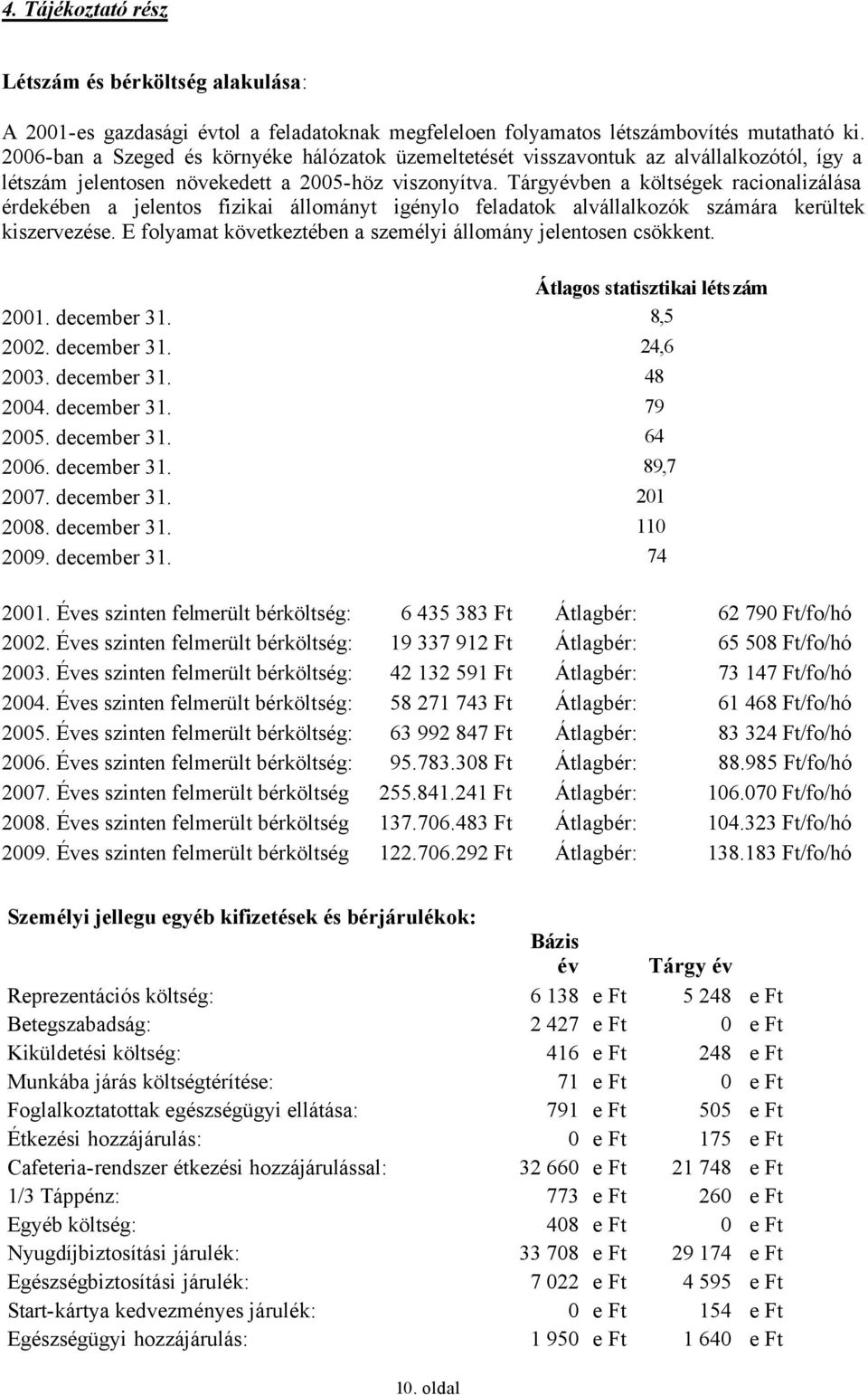 Tárgyévben a költségek racionalizálása érdekében a jelentos fizikai állományt igénylo feladatok alvállalkozók számára kerültek kiszervezése.