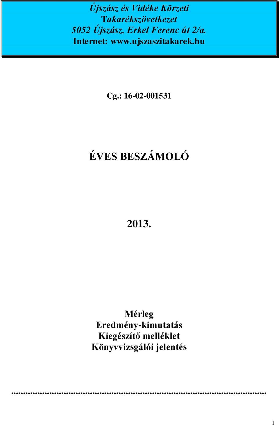 ujszaszitakarek.hu Cg.: 16-02-001531 ÉVES BESZÁMOLÓ 2013.