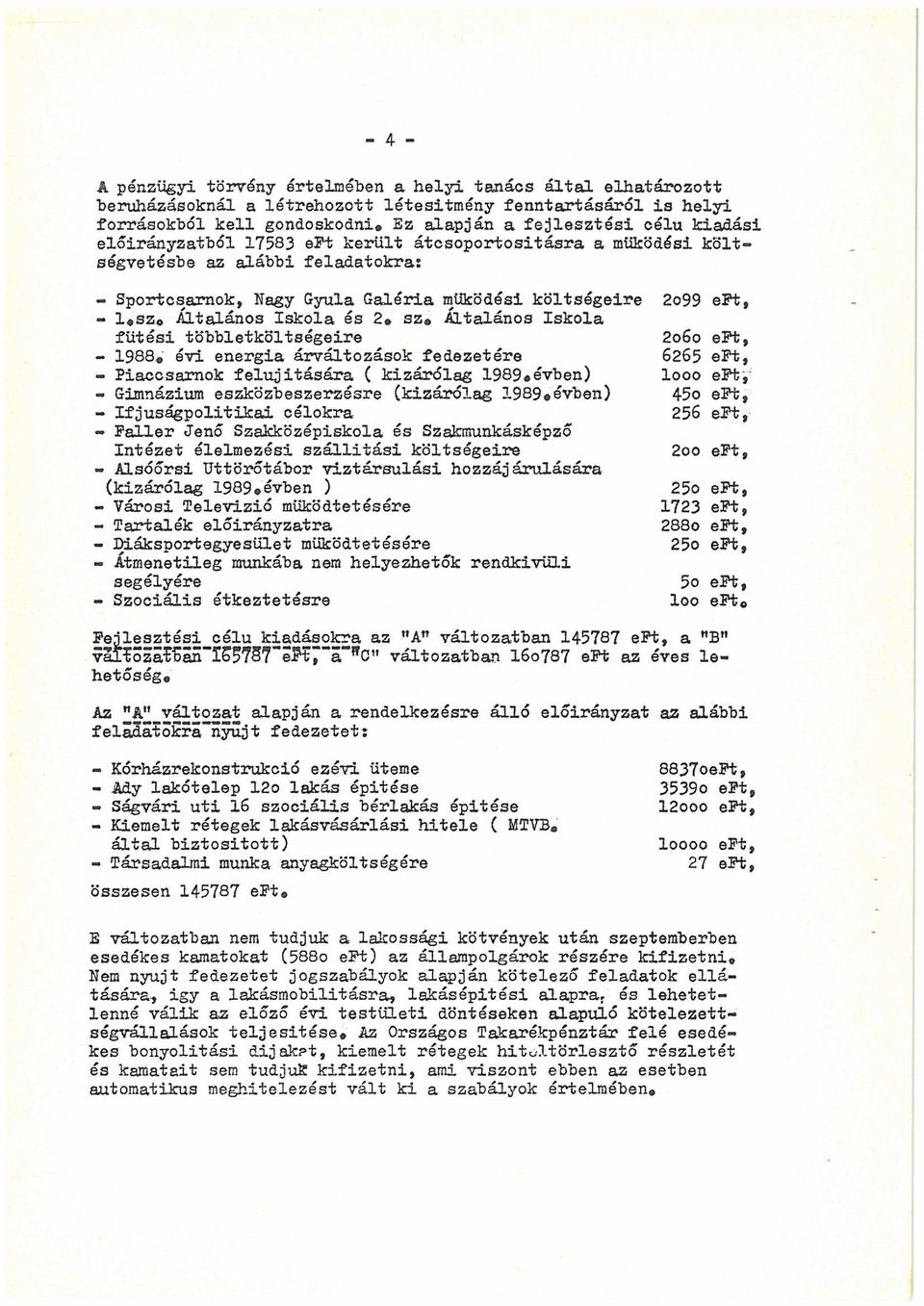 energia árváltozások fedezetére - Piaccsamok felújítására ( kizárólag 1989#évben) - Gimnázium eszközbeszerzésre (kizárólag 1989#évben) - Ifjúságpolitikai célokra - Pallér Jenő Szakközépiskola és