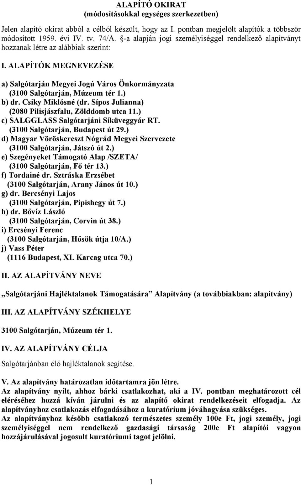 ) b) dr. Csiky Miklósné (dr. Sípos Julianna) (2080 Pilisjászfalu, Zölddomb utca 11.) c) SALGGLASS Salgótarjáni Síküveggyár RT. (3100 Salgótarján, Budapest út 29.