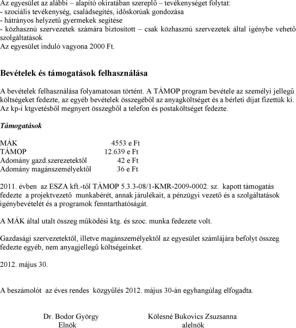 Bevételek és támogatások felhasználása A bevételek felhasználása folyamatosan történt.