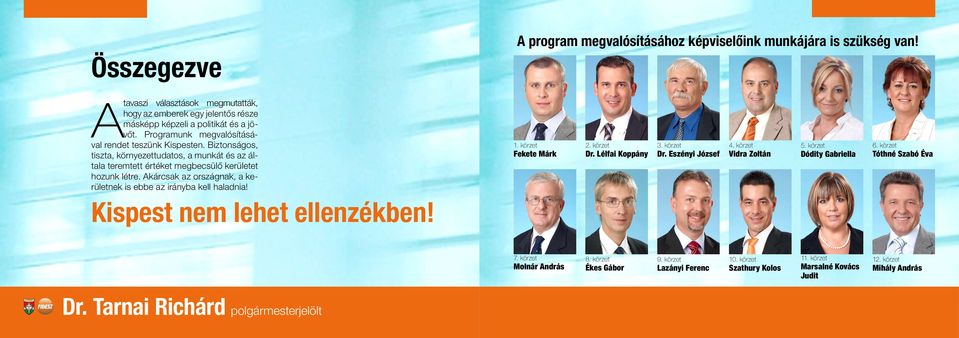 kárcsak az országnak, a kerületnek is ebbe az irányba kell haladnia! Kispest nem lehet ellenzékben! 1. körzet Fekete Márk 2. körzet Dr. Lélfai Koppány 3. körzet Dr. Eszényi József 4.