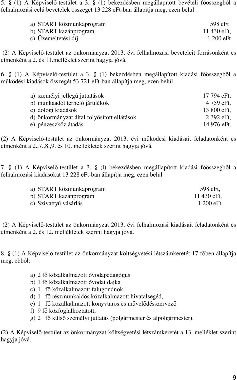 c) Üzemeltetési díj 1 200 eft (2) A Képviselő-testület az önkormányzat 2013. évi felhalmozási bevételeit forrásonként és címenként a 2. és 11.melléklet szerint hagyja jóvá. 6.