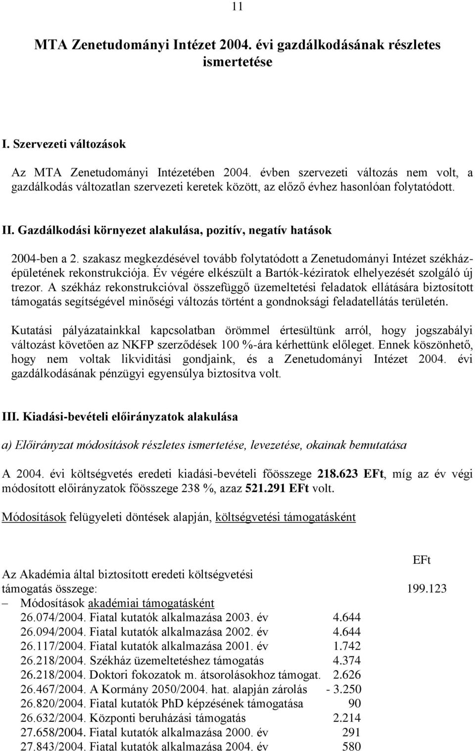 Gazdálkodási környezet alakulása, pozitív, negatív hatások 2004-ben a 2. szakasz megkezdésével tovább folytatódott a Zenetudományi Intézet székházépületének rekonstrukciója.