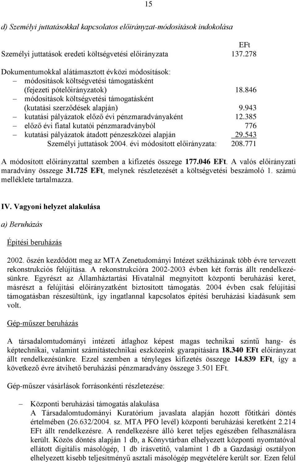 846 módosítások költségvetési támogatásként (kutatási szerződések alapján) 9.943 kutatási pályázatok előző évi pénzmaradványaként 12.