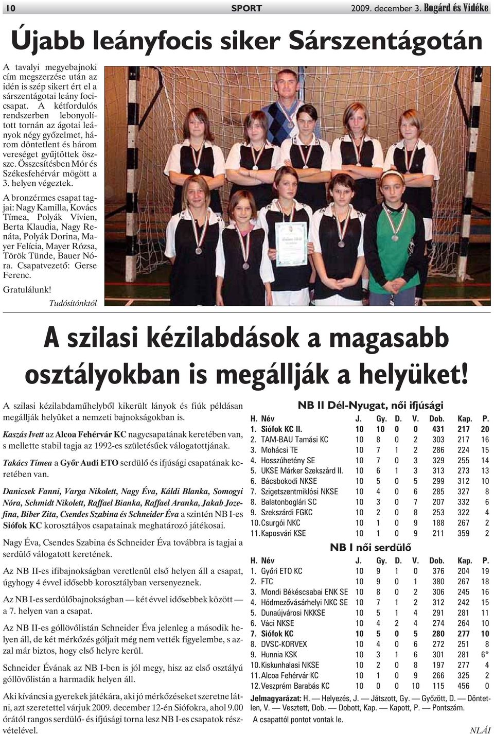 A bronzérmes csapat tagjai: Nagy Kamilla, Kovács Tímea, Polyák Vivien, Berta Klaudia, Nagy Renáta, Polyák Dorina, Mayer Felícia, Mayer Rózsa, Török Tünde, Bauer Nóra. Csapatvezetõ: Gerse Ferenc.